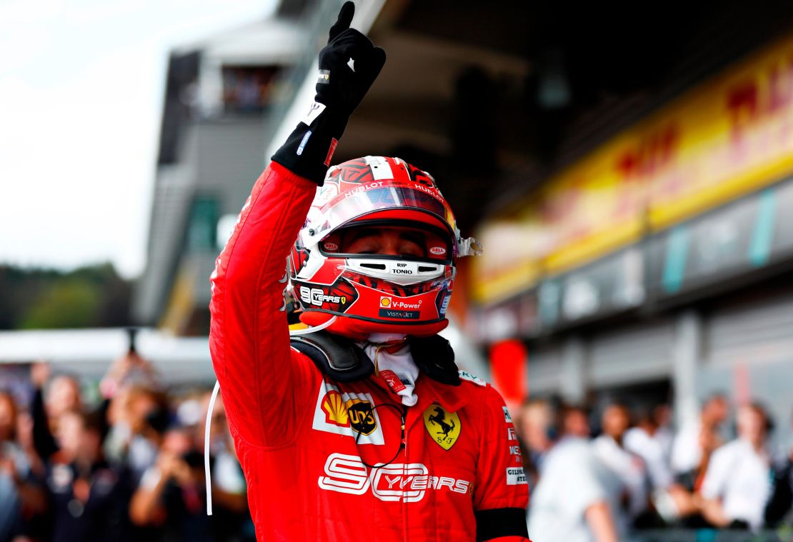 Charles Leclerc points to the sky and dedicates his win to his late friend Anthoine Hubert.