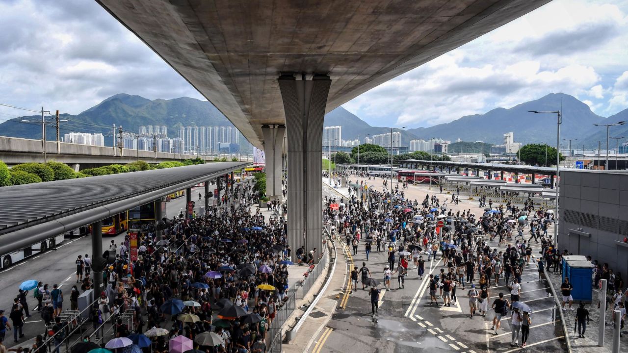 Protesters gather in the bus terminal at Hong Kong International Airport on September 1, 2019.