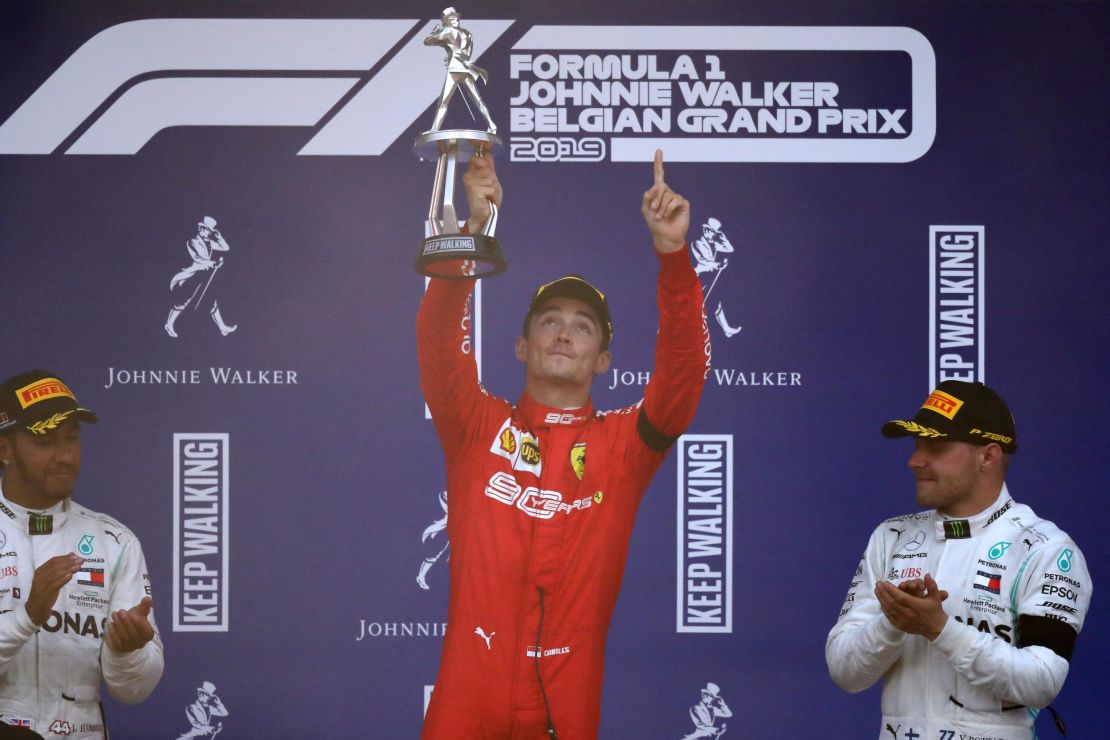 Charles Leclerc celebrates his first Formula One win.