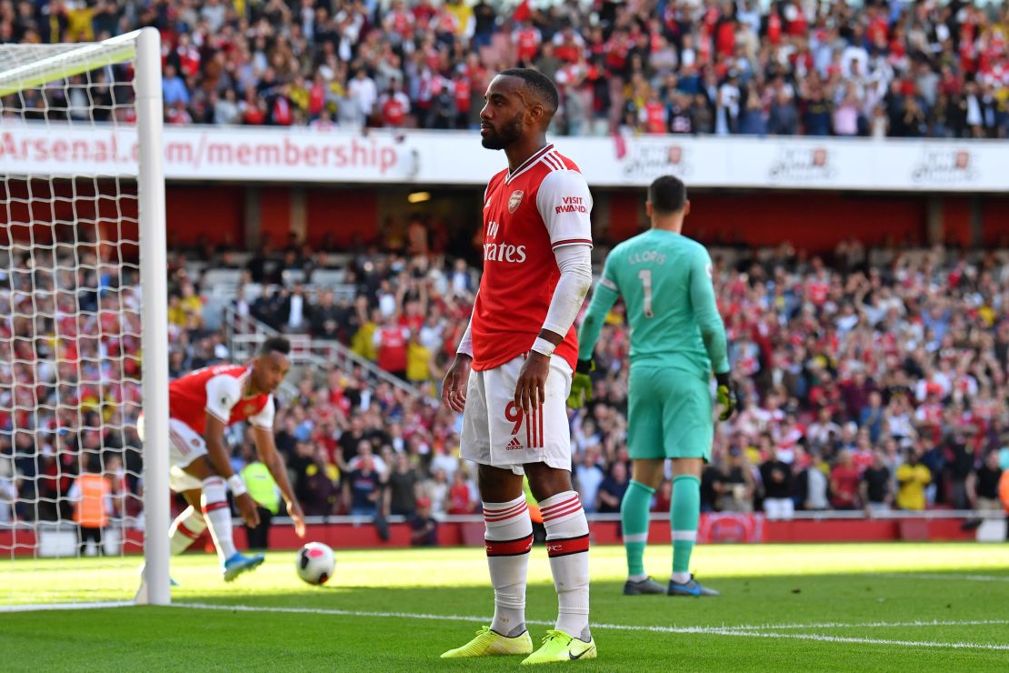 Alexandre Lacazette celebrates after scoring Arsenal's first goal.