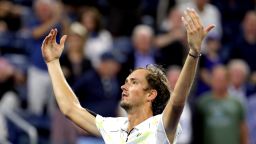 NEW YORK, NEW YORK - SEPTEMBER 01:  Daniil Medvedev of Russia celebrates winning match point during his Men's Singles fourth round match against Dominik Koepfer of Germany on day seven of the 2019 US Open at the USTA Billie Jean King National Tennis Center on September 01, 2019 in Queens borough of New York City. (Photo by Mike Stobe/Getty Images)