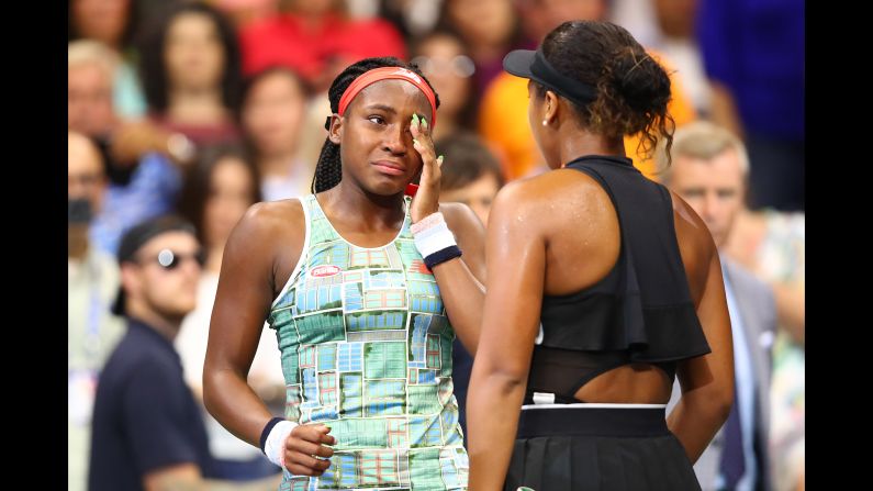 Naomi Osaka, right, comforts Coco Gauff after defeating her in their third round singles tennis match on Day six of the US Open in Queens, New York, on Saturday, August 31. In a display of sportsmanship not often seen in tennis, <a href="index.php?page=&url=https%3A%2F%2Fwww.cnn.com%2F2019%2F08%2F31%2Fus%2Fnaomi-osaka-coco-gauff-us-open-day-6-spt-intl%2Findex.html" target="_blank">Osaka</a> offered Gauff words of encouragement and asked Gauff to join her during the on-court interview following the match.