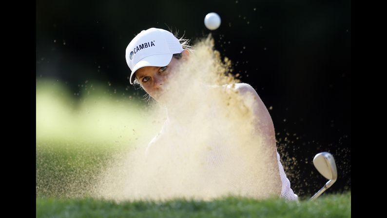 Sarah Schmelzel plays a shot from a bunker on the 15th hole during the third round of the LPGA Cambia Portland Classic at Columbia Edgewater Country Club in Portland, Oregon, on August 31.