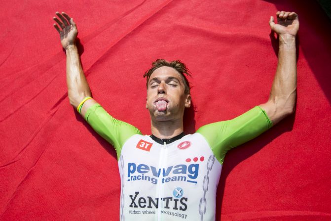 Thomas Steger reacts after winning the Ironman 70.3 Zell am See in Salzburg, Austria, on September 1.