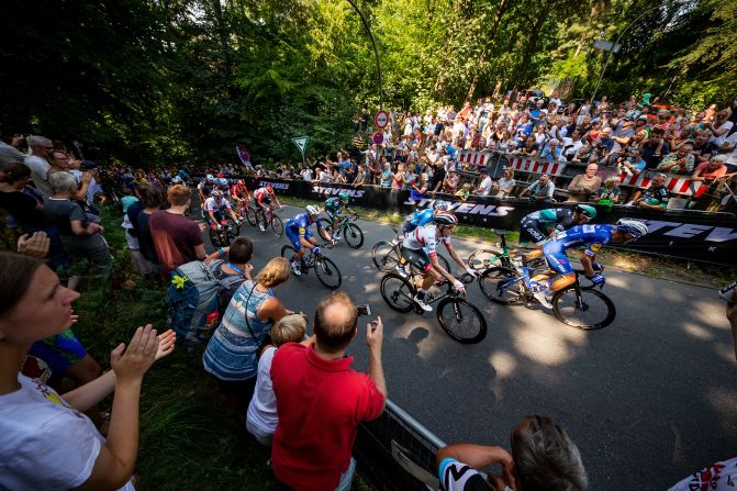 Cyclists climb the Waseberg during the EuroEyes Cyclassics Elite race in Hamburg, Germany, on August 25.