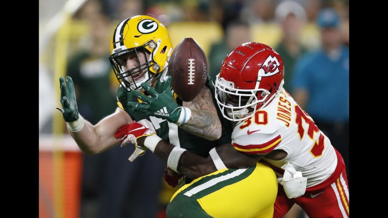 Kansas City Chiefs player Harold Jones-Quartey breaks up a pass intended for the Green Bay Packers' Jace Sternberger during the first half of a pre-season NFL football game in Green Bay, Wisconsin, on Thursday, August 29.