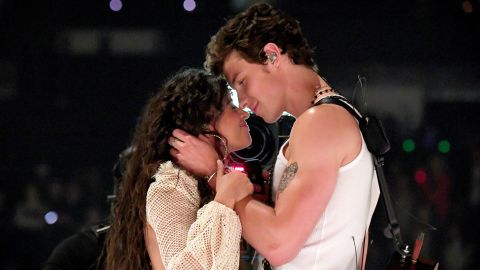 Camila Cabello and Shawn Mendes on stage at the MTV Video Music Awards, (Photo by Jeff Kravitz/FilmMagic)