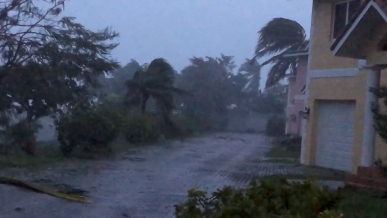 Strong winds batter Oceanhill Boulevard in Freeport, as Hurricane Dorian passes over Grand Bahama Island, Bahamas September 2, 2019 in this still image taken from a video by social media.