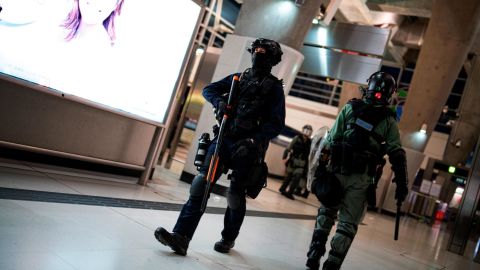 An officer walks in the Tung Chung subway station on September 1.