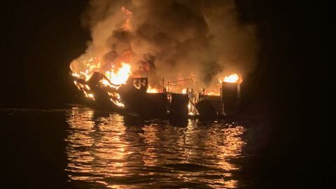 The boat was about 20 miles off the coast of mainland California when it caught fire.