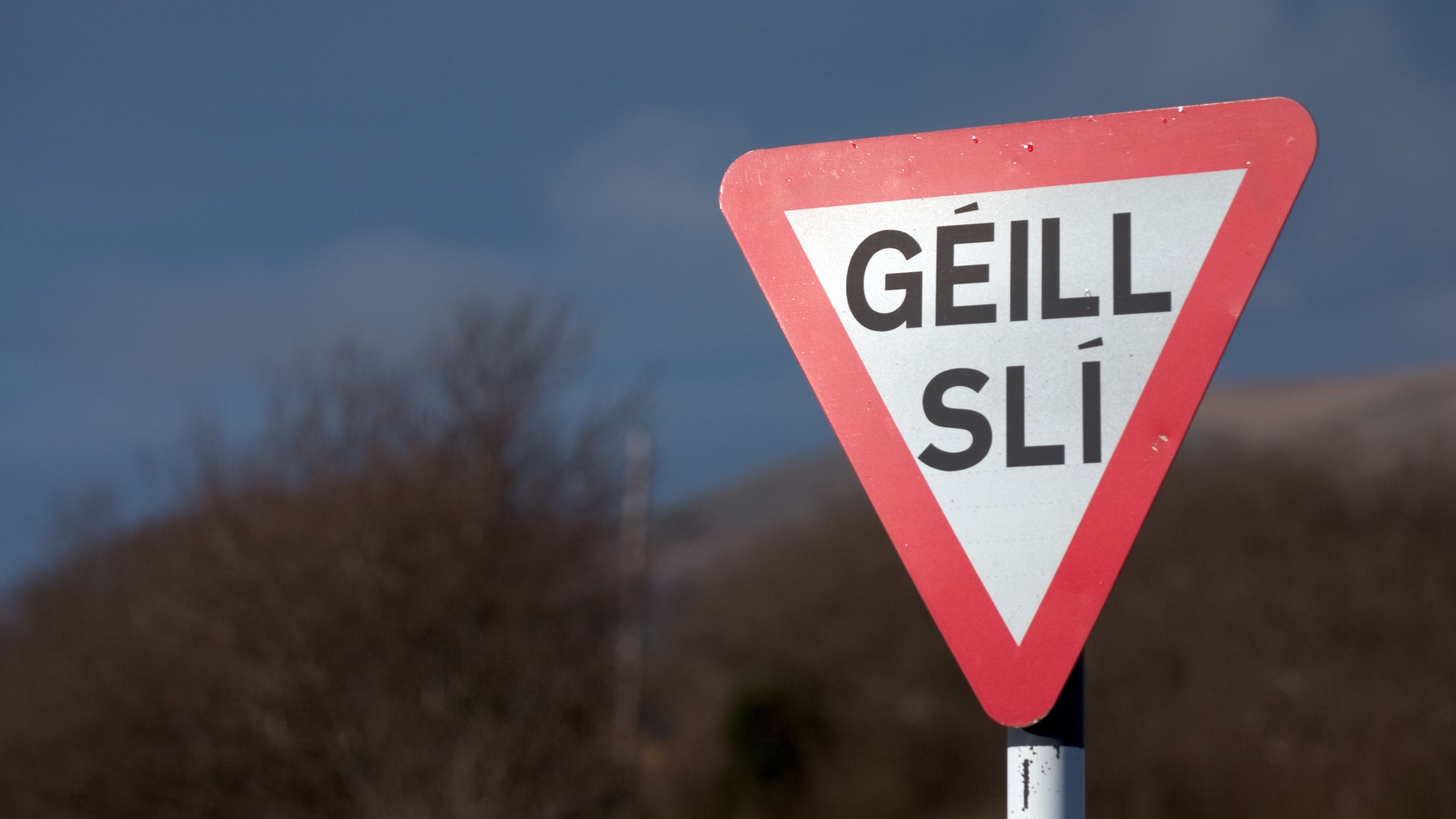 An Irish-language sign reading "yield" in County Kerry, part of the Ghaeltacht, or Irish-speaking region of Ireland. The language has struggled in the past to present itself as a modern, living language that can be used country if not world-wide. 