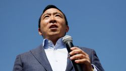 Democratic presidential candidate and entrepreneur Andrew Yang speaks at the Des Moines Register Soapbox during a visit to the Iowa State Fair, Friday, August 9, 2019, in Des Moines, Iowa.