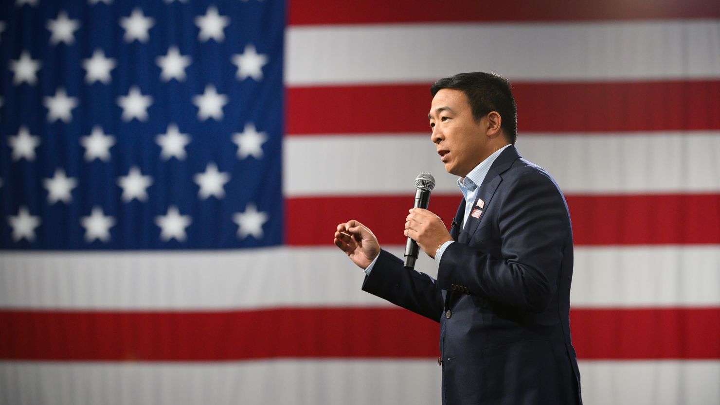 In this August 10, 2019, file photo, Democratic presidential candidate Andrew Yang speaks during a forum on gun safety at the Iowa Events Center on  in Des Moines, Iowa. 