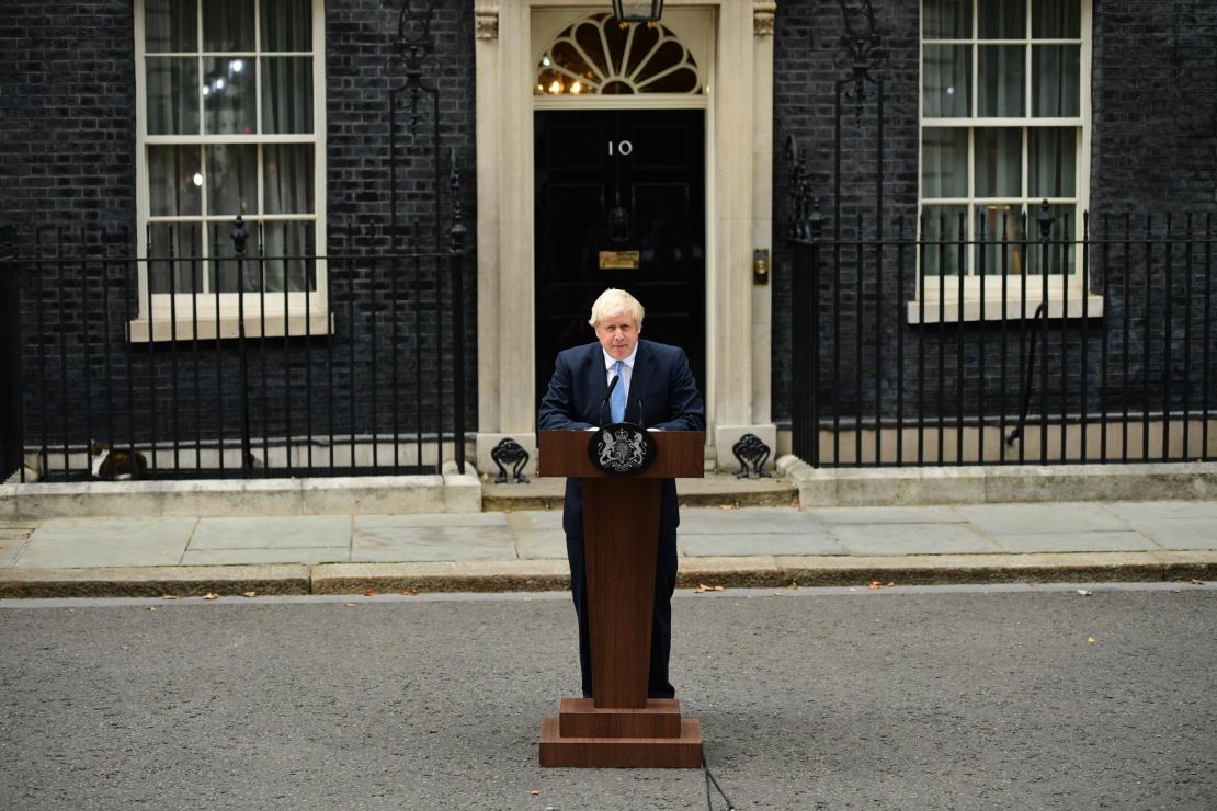 Boris Johnson delivers a speech at Downing Street on the eve of what is expected to be a tumultuous day in Parliament.