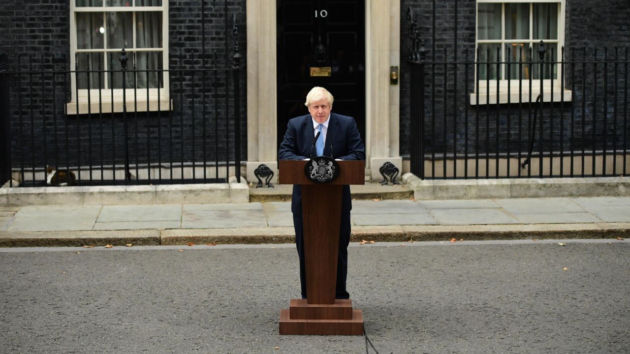 LONDON, ENGLAND - SEPTEMBER 02: British Prime Minister Boris Johnson delivers a speech at 10 Downing Street on September 2, 2019 in London, England. Boris Johnson spoke to the public from Downing Street saying he hoped that MPs would vote with the government in not taking "No Deal" off the Brexit negotiating table with the EU. He said we are leaving the EU on 31st October "no ifs or buts". (Photo by Leon Neal/Getty Images)