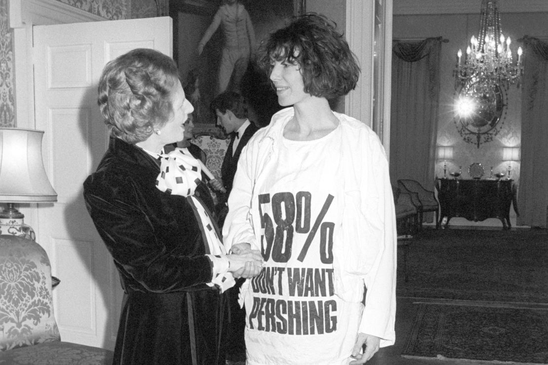Katharine Hamnett meets former Prime Minister Margaret Thatcher at 10 Downing Street in an anti-nuclear missiles protest T-shirt