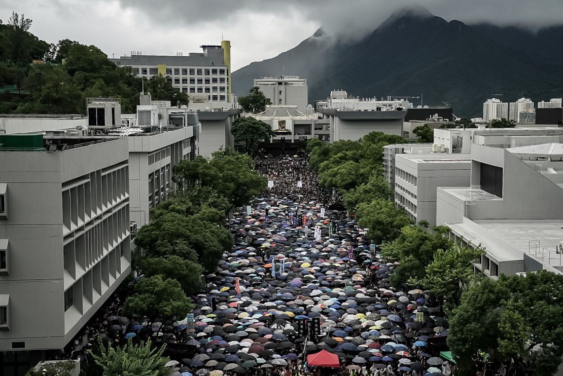 Students take part in a school boycott rally at the Chinese University of Hong Kong on September 2, 2019 in Hong Kong.