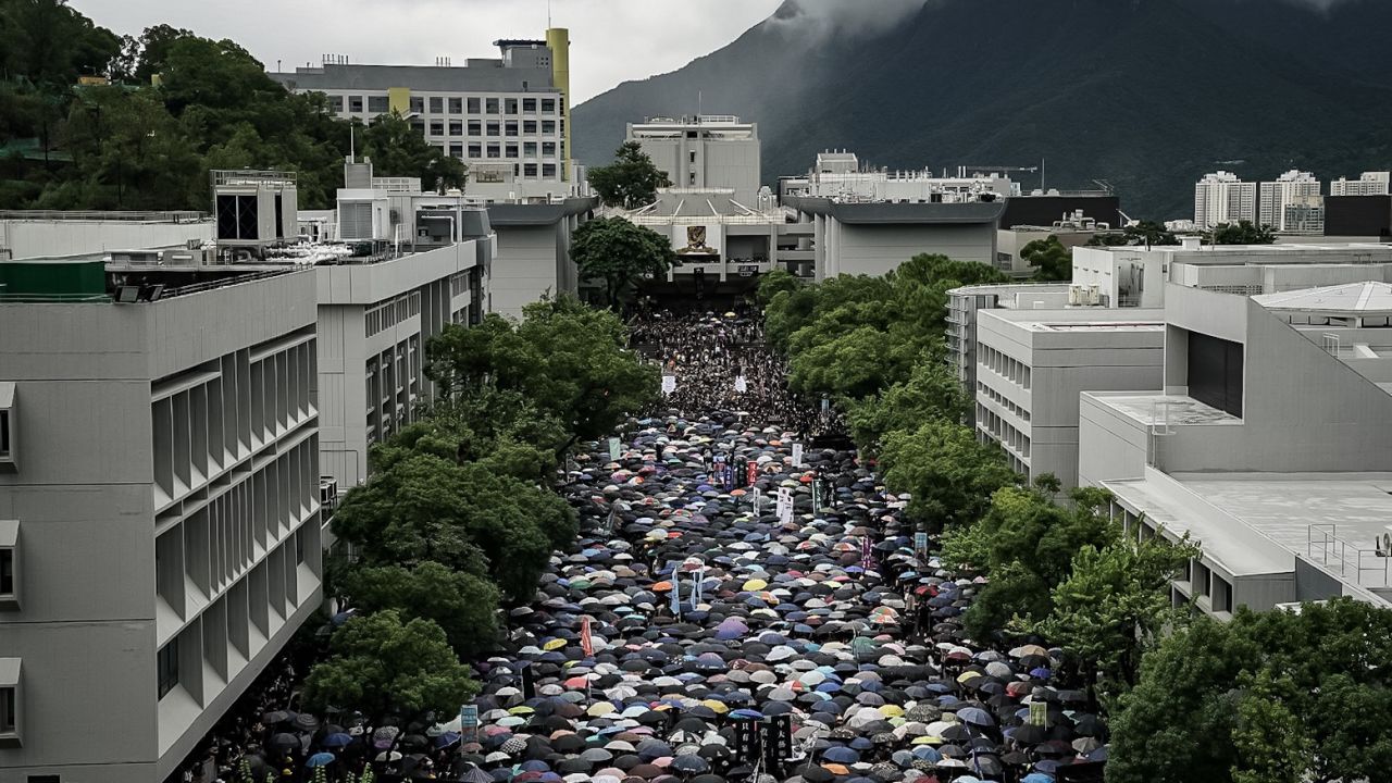 Students take part in a school boycott rally at the Chinese University of Hong Kong on September 2, 2019 in Hong Kong.