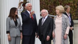 US Vice President Mike Pence and wife Karen Pence, left, meet with Irish President Michael D Higgins and his wife Sabrina at Aras an Uachtarain the official residence of the Irish President , Dublin, Ireland, Tuesday, September 3, 2019. The Vice President is currently in Ireland for a two day visit. 