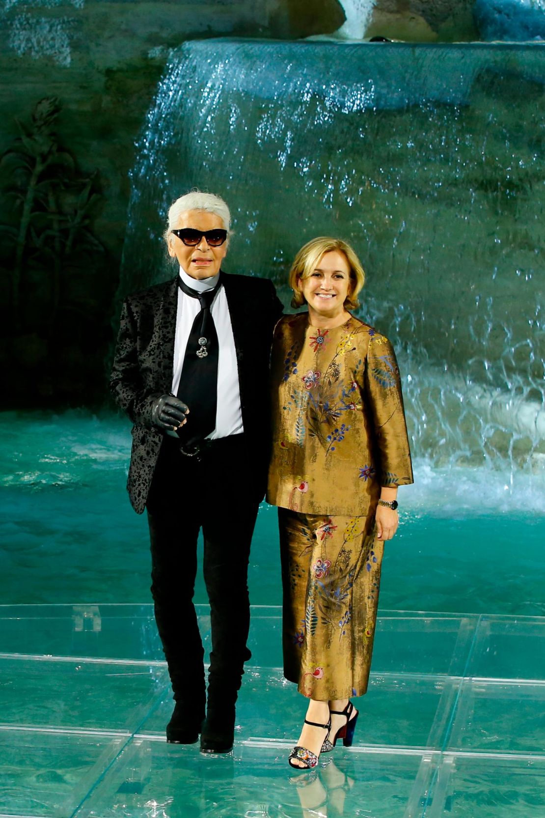 Karl Lagerfeld and Silvia Fendi walking after Fendi's Autumn-Winter 2017 haute couture show.