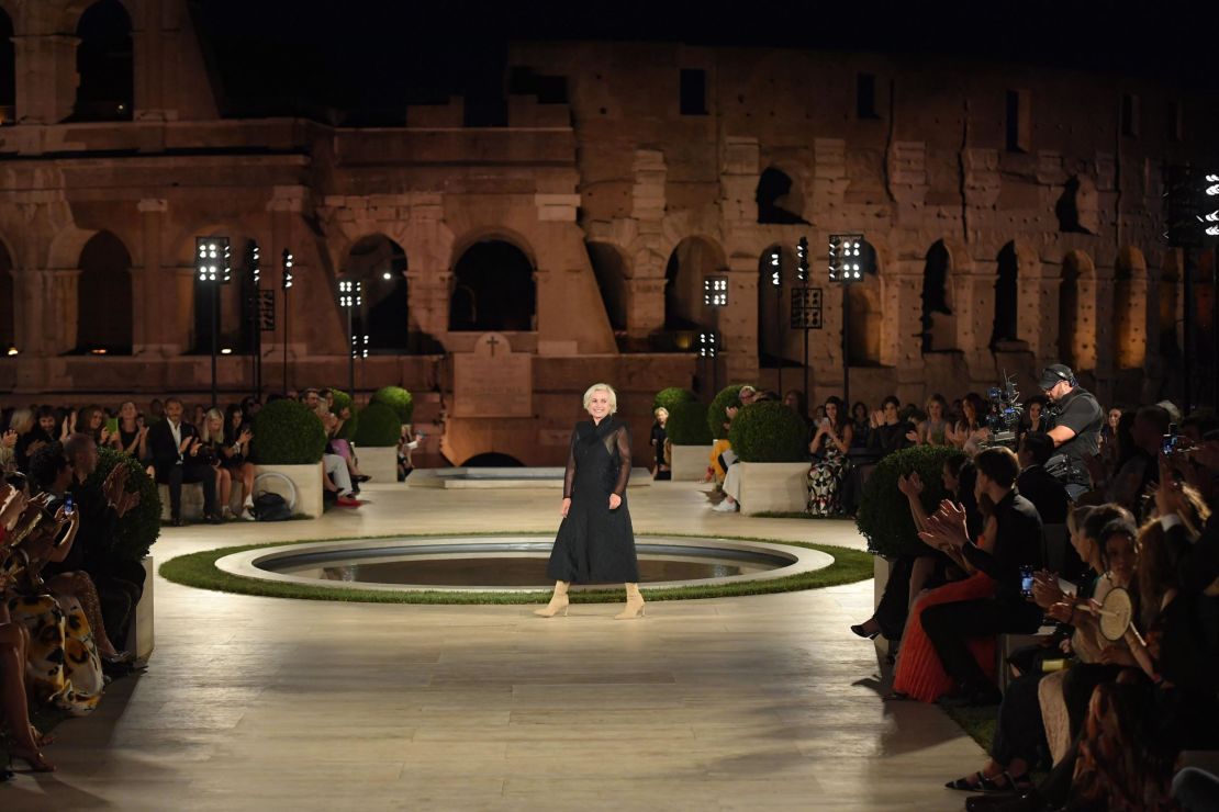 Italian fashion designer Silvia Fendi acknowledges applause following the presentation of Italian fashion house Fendi's Couture Fall/Winter 2019-2020 show on July 4, 2019 at the Palatine Hill in Rome.