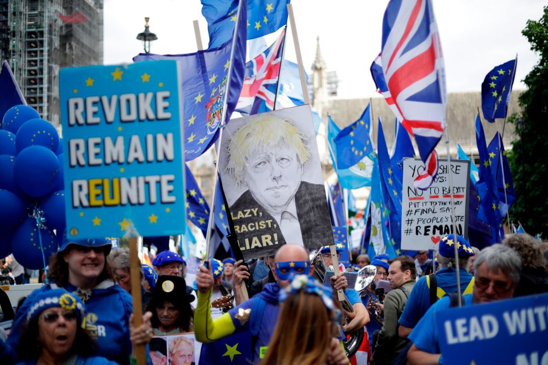 Pro-EU supporters protest outside Parliament on Tuesday.