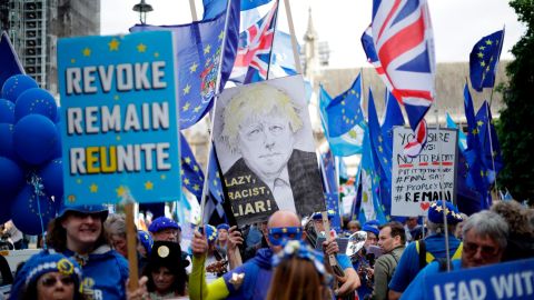 Pro-EU supporters protest outside Parliament on Tuesday.