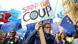 TOPSHOT - Anti-Brexit activists, and demonstrators opposing the British government's actions in relation to the handling of Brexit, protest outside the Houses of Parliament in central London on September 3, 2019. - The fate of Brexit hung in the balance on Tuesday as parliament prepared for an explosive showdown with Prime Minister Boris Johnson's that could end in a snap election. Members of Johnson's own Conservative party, including Philip Hammond, are preparing to join opposition lawmakers in a vote to try to force a delay to Britain's exit from the European Union if he cannot secure a divorce deal with Brussels in the next few weeks. (Photo by ISABEL INFANTES / AFP)        (Photo credit should read ISABEL INFANTES/AFP/Getty Images)