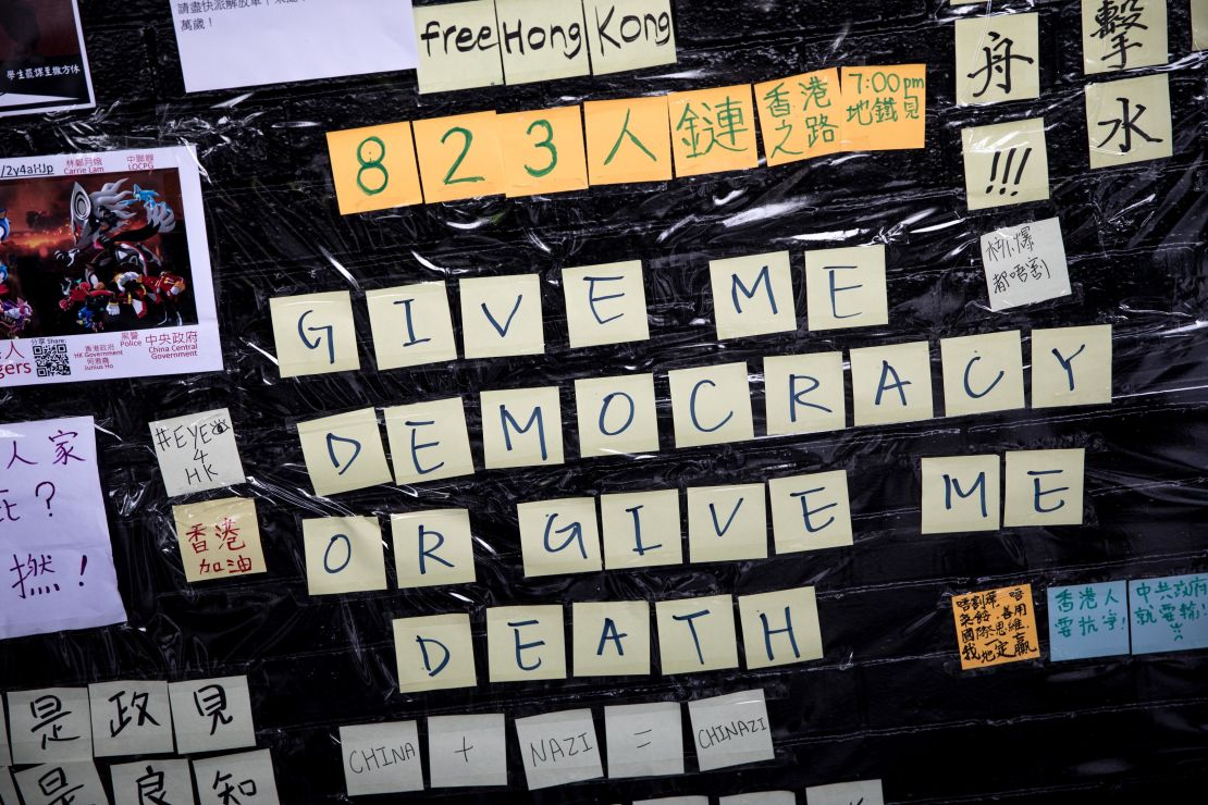 Sticky notes are seen on a "Lennon Wall" at an anti-government student rally on August 22, 2019, in Hong Kong.