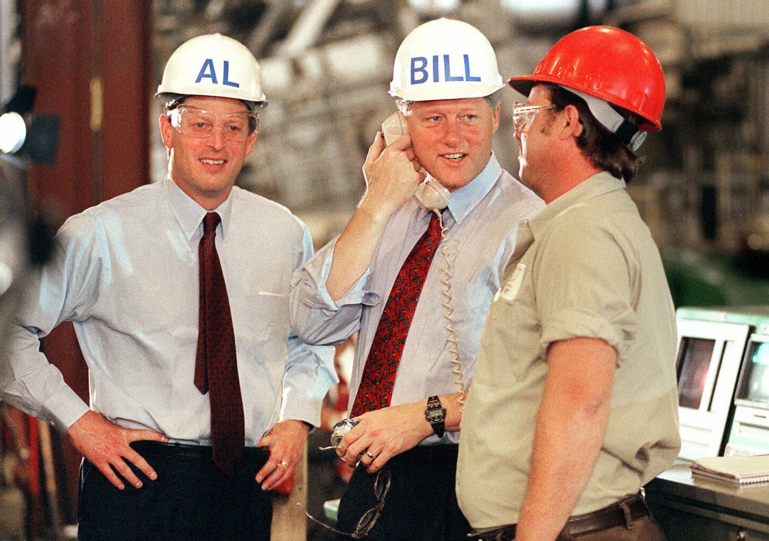 Clinton and his running mate, US Sen. Al Gore, tour a factory in Davenport, Iowa, in 1992.