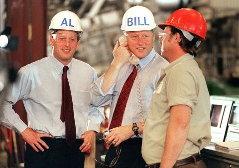 Clinton and his running mate, US Sen. Al Gore, tour a factory in Davenport, Iowa, in 1992.