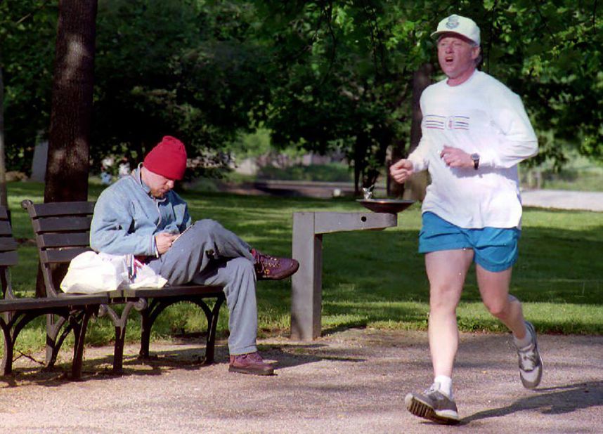 Clinton takes his morning jog through the National Mall in May 1993.