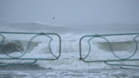 Heavy wind and rain caused by Hurricane Dorian pounds the surf, on September 4, 2019 in Daytona Beach, Florida.