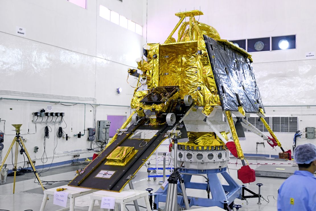 The rover built to land on the lunar surface seen on a ramp moving into the main vehicle of Chandrayaan-2.