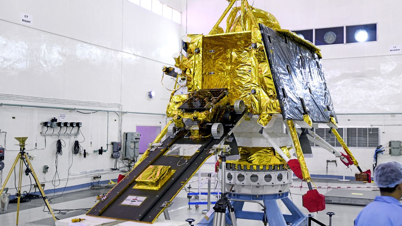 The rover built to land on the lunar surface seen on a ramp moving into the main vehicle of Chandrayaan-2.