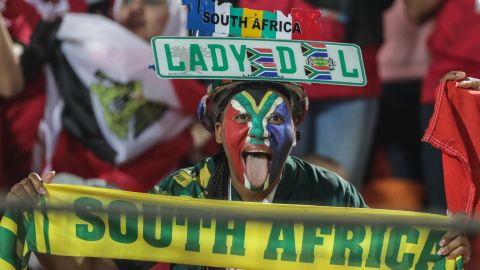  A South African cheers prior to the start of the 2019 Africa Cup of Nations match between Egypt and Bafana Bafana earlier this year.