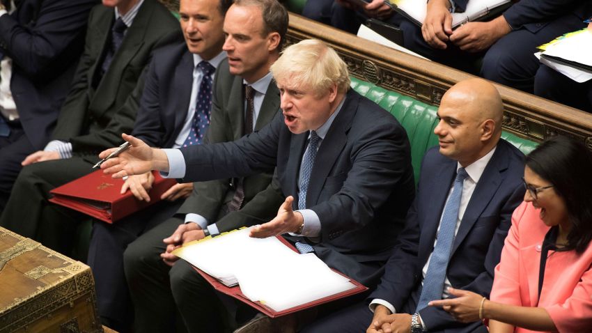 TOPSHOT - A handout photograph released by the UK Parliament shows Britain's Prime Minister Boris Johnson gesturing as he reacts to main opposition Labour Party leader Jeremy Corbyn during his first Prime Minister's Questions (PMQs) in the House of Commons in London on September 4, 2019. - Prime Minister Boris Johnson faced a fresh Brexit showdown in parliament on Wednesday after a stinging defeat over his promise to get Britain out of the European Union at any cost next month. (Photo by JESSICA TAYLOR / UK PARLIAMENT / AFP) / RESTRICTED TO EDITORIAL USE - NO USE FOR ENTERTAINMENT, SATIRICAL, ADVERTISING PURPOSES - MANDATORY CREDIT " AFP PHOTO / JESSICA TAYLOR / UK Parliament"JESSICA TAYLOR/AFP/Getty Images