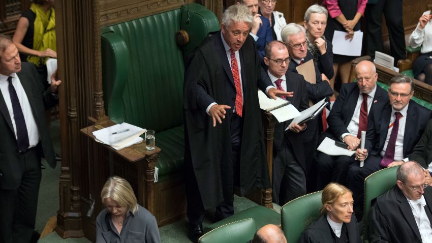 In this handout photo provided by the House of Commons, Speaker of the House John Bercow gestures during Boris Johnson's first Prime Minister's Questions, in the House of Commons in London, Wednesday, Sept. 4, 2019. Britain's Parliament is facing a second straight day of political turmoil as lawmakers fought Prime Minister Boris Johnson's plan to deliver Brexit in less than two months, come what may. Johnson is threatening to dissolve the House of Commons and hold a national election that he hopes might produce a less fractious crop of legislators. (Jessica Taylor/House of Commons via AP)