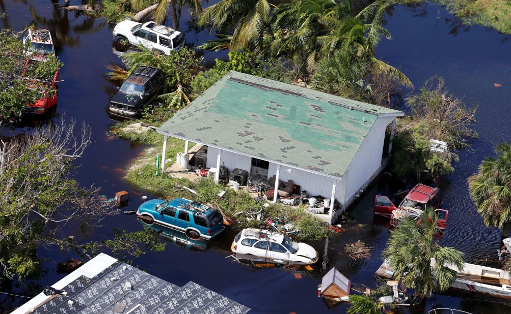 A house is surrounded by floodwaters on Grand Bahama island.
