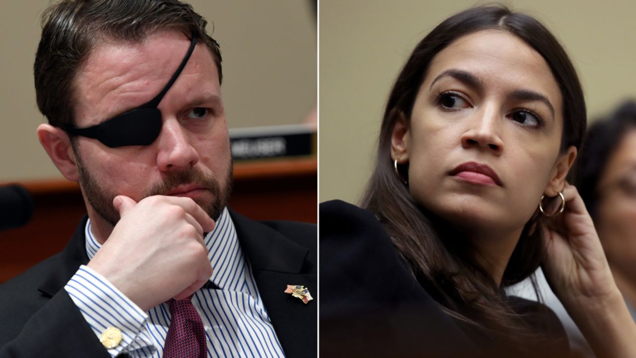 At left, Republican Rep. Dan Crenshaw of Texas; at right, Democratic Rep. Alexandria Ocasio-Cortez of New York. The two freshmen lawmakers clashed on Twitter on Wednesday over the issue of gun control. 