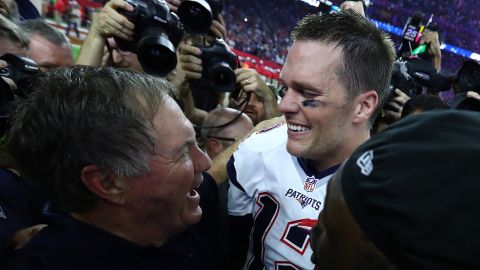 Brady and Belichick celebrate the Patriots' 34-28 overtime win against the Atlanta Falcons during Super Bowl LI.