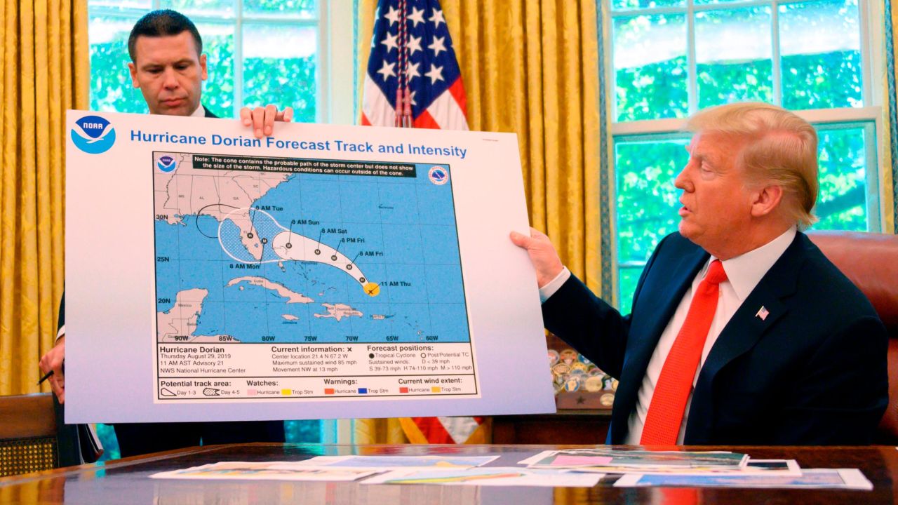 President Donald Trump and Acting US Secretary of Homeland Security Kevin McAleenan update the media on Hurricane Dorian