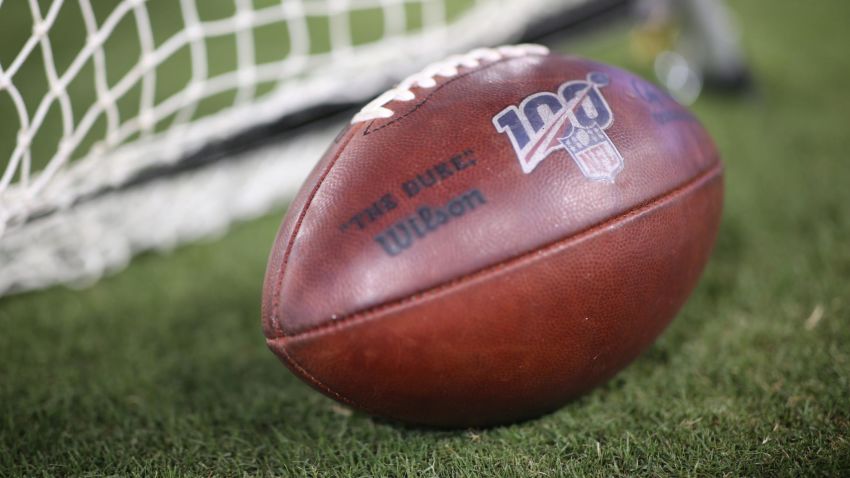 JACKSONVILLE, FLORIDA - AUGUST 29: An NFL football commemorating the league's 100th season lies during preseason game at TIAA Bank Field on August 29, 2019 in Jacksonville, Florida. (Photo by James Gilbert/Getty Images)