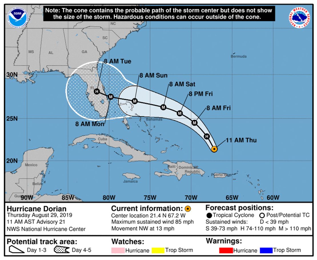 Hurricane Dorian path, Thursday August 29, 2019, 11 a.m. 