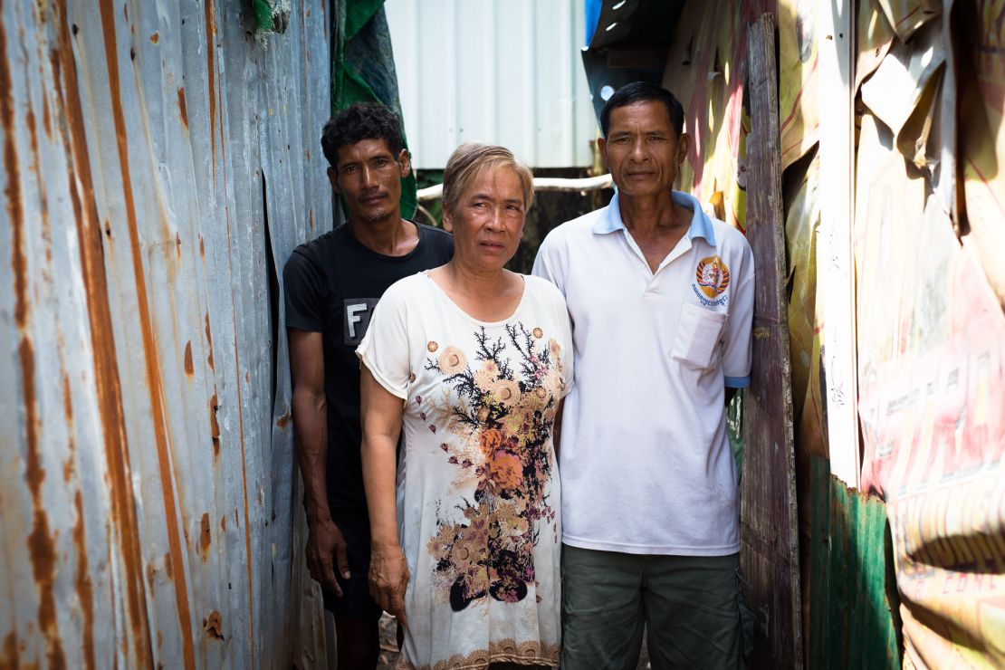 Boeun Korng, with her husband Sang Pien, 56, her son Mien Saran, 46. They were evicted from their homes in 2007 and will have to move again to make way for a new Chinese highway.