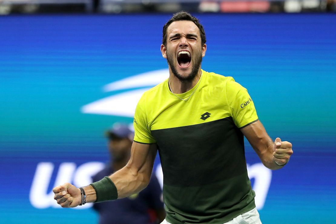 Matteo Berrettini celebrates after beating Gael Monfils to reach the US Open semifinals. 