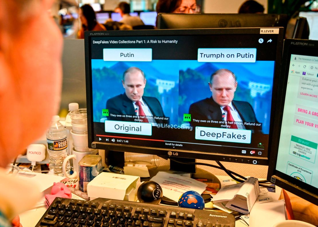 A AFP journalist views a video on January 25, 2019, manipulated with artificial intelligence to potentially deceive viewers, or "deepfake" at his newsdesk in Washington, DC. - "Deepfake" videos that manipulate reality are becoming more sophisticated and realistic as a result of advances in artificial intelligence, creating a potential for new kinds of misinformation with devastating consequences. (Photo by Alexandra ROBINSON / AFP) / TO GO WITH AFP STORY by Rob LEVER "Misinformation woes may multiply with deepfake videos"        (Photo credit should read ALEXANDRA ROBINSON/AFP/Getty Images)