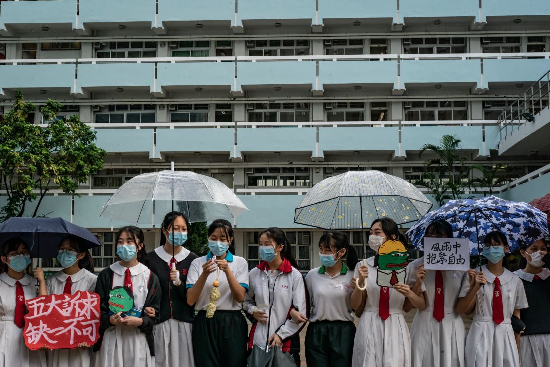 Students form a human chain during a protest on September 5, 2019, in Hong Kong. Pepe the Frog does not have the same right-wing connotation in Hong Kong as in the US. 