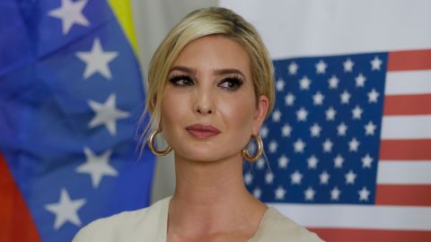 Ivanka Trump, President Donald Trump's daughter and White House adviser, backdropped by United States and Venezuelan flags looks on after a meeting with a delegation representing Venezuelan opposition leader Juan Guaido, at a migrant shelter in La Parada near Cucuta, Colombia, Wednesday, September 4, 2019.