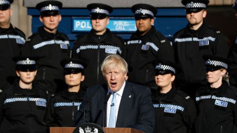 Boris Johnson makes a speech to student police officers at the West Yorkshire Police Training Centre in Wakefield.